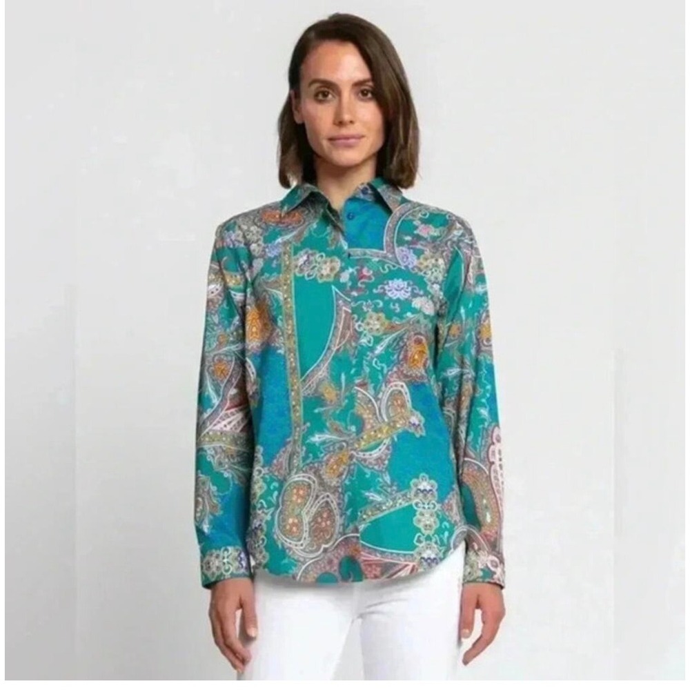 Hinson Wu Gemma Shirt S Green Paisley Button Up Side Detail Cotton Stretch Boho